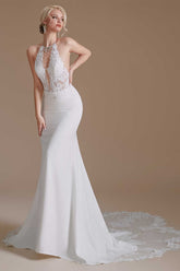 White Lace Halter Tassel Backless Mermaid Long Wedding Dress